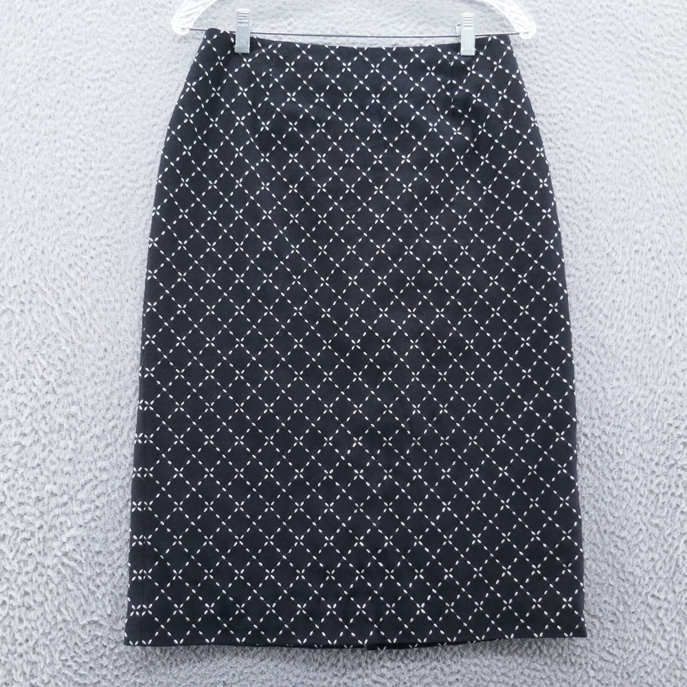 Talbots Womens Lined Pencil Midi Skirt 8 Black White Embroidered Geometric
